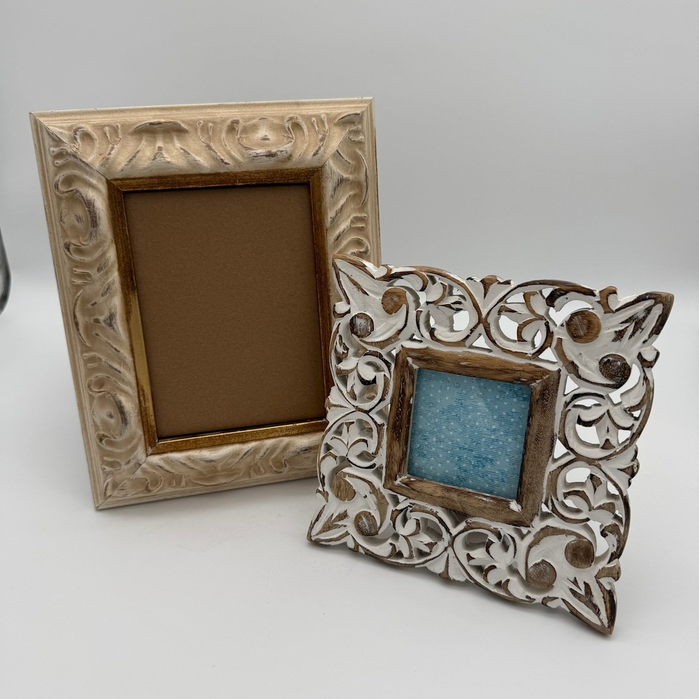 Picture Frames Rustic Cottagecore Ornate Boho Cream Wood Scroll Filigree 2 Set